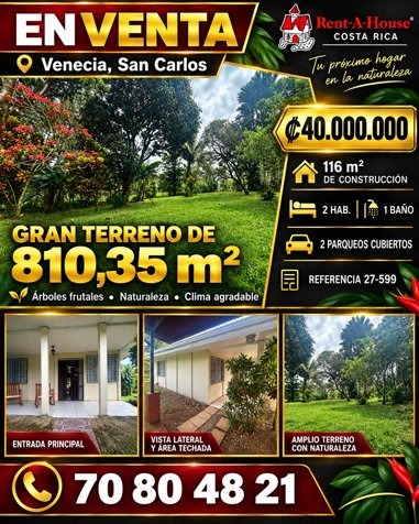 Venta de Casa con lote de 810m2 en San Carlos en Venecia, San Carlos, Alajuela — ₡ 40 000 000