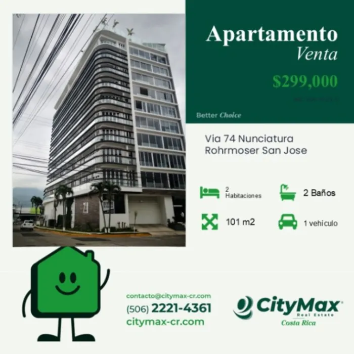CityMax Costa Rica Vende Apartamento en Nunciatura Rohrmoser en Pavas, San José — $299,000