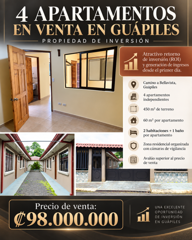 4 APARTAMENTOS EN VENTA EN GUÁPILES | PROPIEDAD DE INVERSIÓN en Guápiles, Pococí, Limón — ₡ 98 000 000