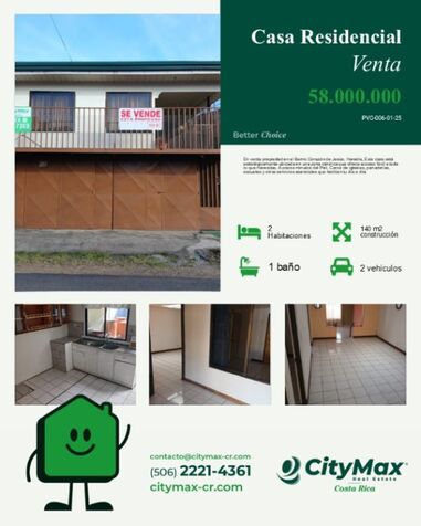 CityMax Vende Casa en Heredia en Heredia — ₡ 58 000 000
