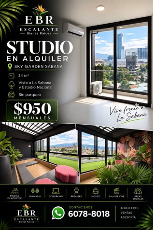 Hermoso STUDIO en alquiler en Sky Garden Sabana en Mata Redonda, San José — $950