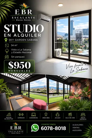 Hermoso STUDIO en alquiler en Sky Garden Sabana in Mata Redonda, San José — $950