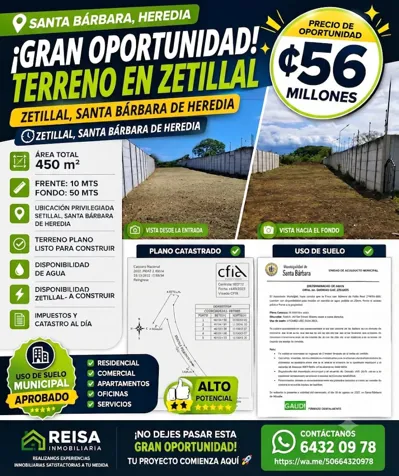 TERRENO LISTO PARA CONSTRUIR 450 MTS ZETILLAL DE SANTA BÁRBARA en Purabá, Santa Bárbara, Heredia — ₡ 56 000 000