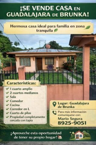 Casa en venta en Guadalajara de Brunka, Buenos Aires – 3 habitaciones en Brunka, Buenos Aires, Puntarenas — ₡ 65 000 000