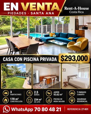 Venta de Hermosa Casa con Patio y Piscina privada in Piedades, Santa Ana, San José — $293,000