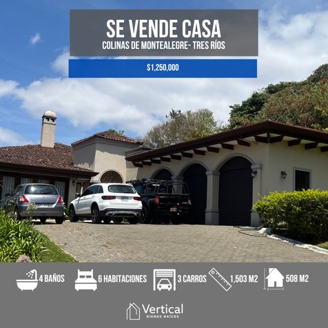 Venta de casa Colinas de Montealegre. condominio Guayacán Real en Tres Ríos, La Unión, Cartago — $1,250,000
