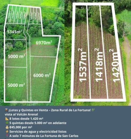 Se venden Lotes y Quintas en La Fortuna de San Carlos | Vista al Volcán, Bosque , Río  en La Fortuna, San Carlos, Alajuela — ₡ 63 000 000
