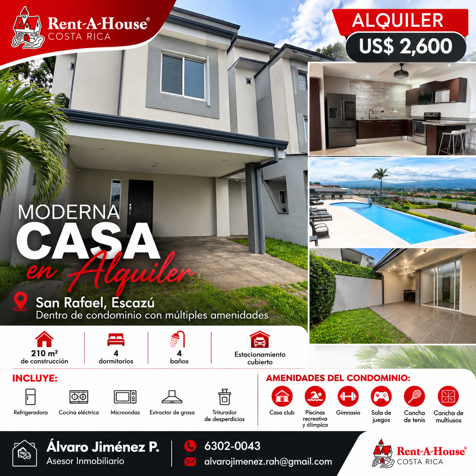 Casa Moderna de 3 Niveles en Alquiler en San Rafael, Escazú | 4 Habitaciones + Excelentes Amenidades en San Rafael, Escazú, San José — $2,600