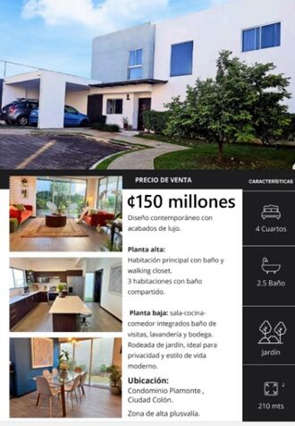 CASA EN CONDOMINIO PIAMONTE en Colón, Mora, San José — ₡ 150 000 000