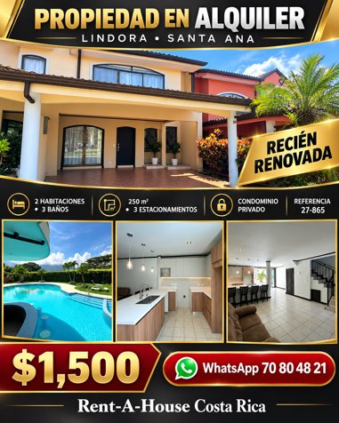 Alquiler de Hermosa Casa en Pozos de Santa Ana 27-865 in Pozos, Santa Ana, San José — $1,500