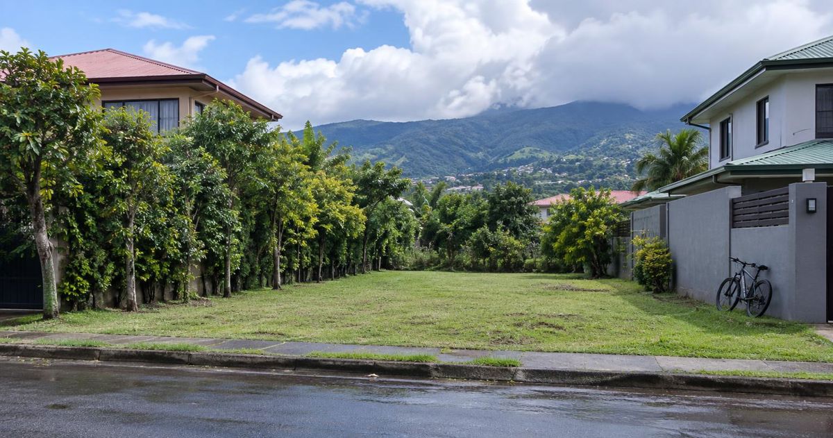 Lot with a living fence of trees seen from the street in Curridabat, with neighboring houses and green hills behind