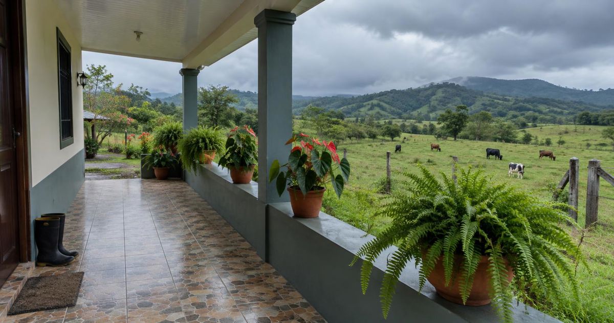 Corredor con piso de mosaico y macetas en una casa de San Carlos, con potreros verdes y nubes de lluvia al fondo